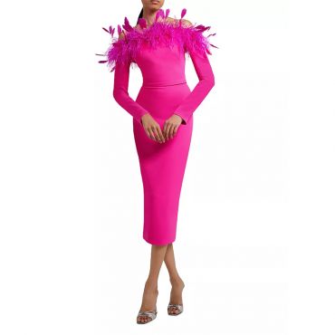 Rochie bandage midi, cu puf și pene Roz H24010