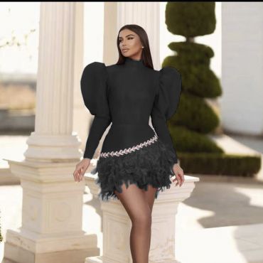 Rochie bandage, cu pene și mâneci bufante Neagră H24011