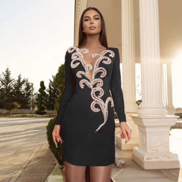 Rochie bandage, scurtă, cu decolteu și mâneci Neagră H24012